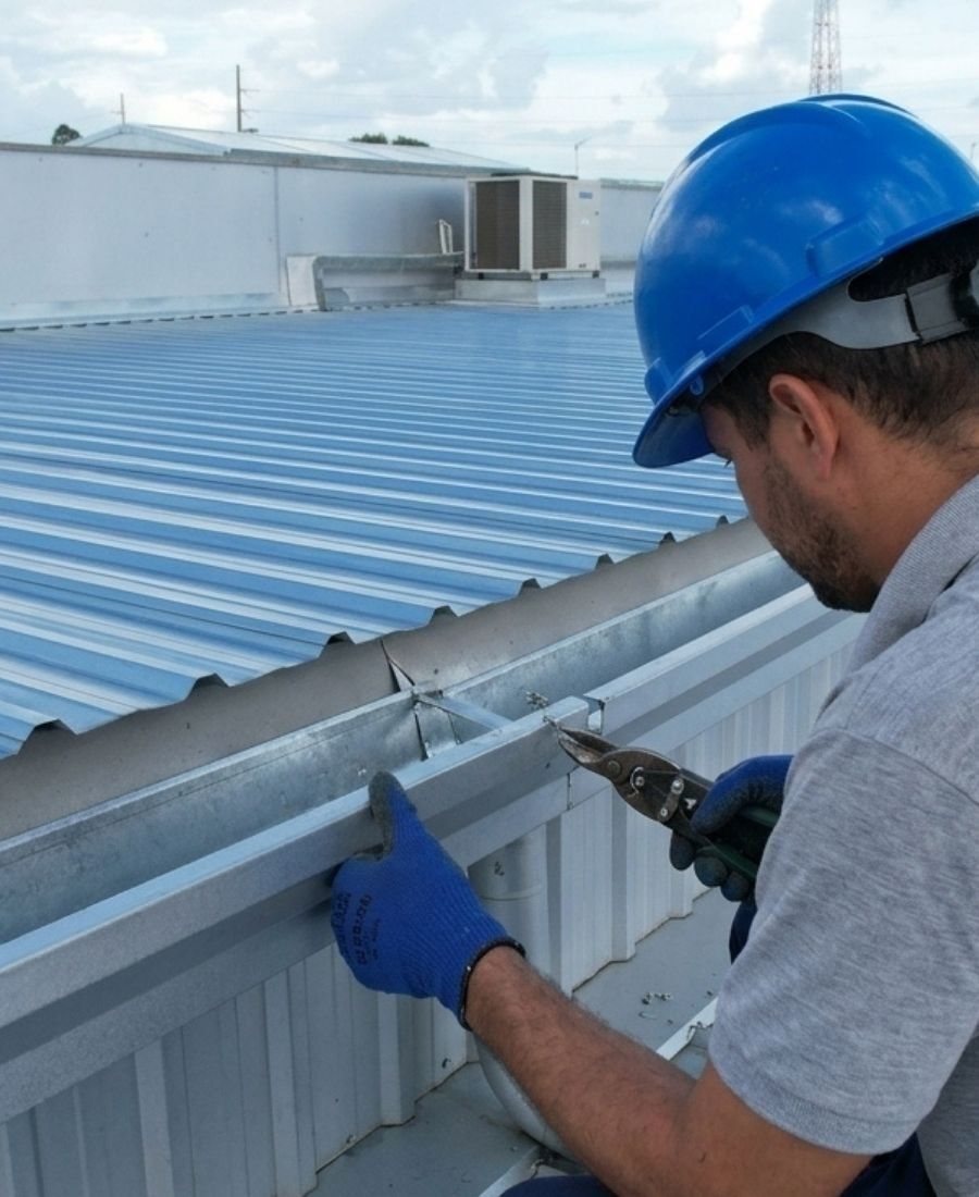 Foto de obra — equipe instalando calha